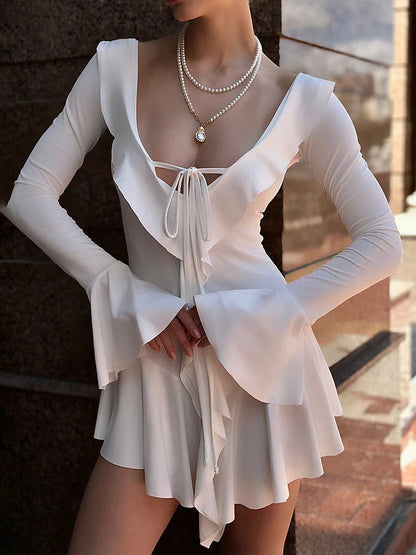 Deep V-Neck And Ruffled Flared Sleeves Mini Dress