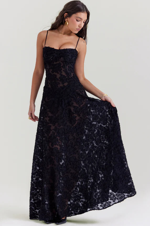 Black Floral Lace Back Maxi Dress