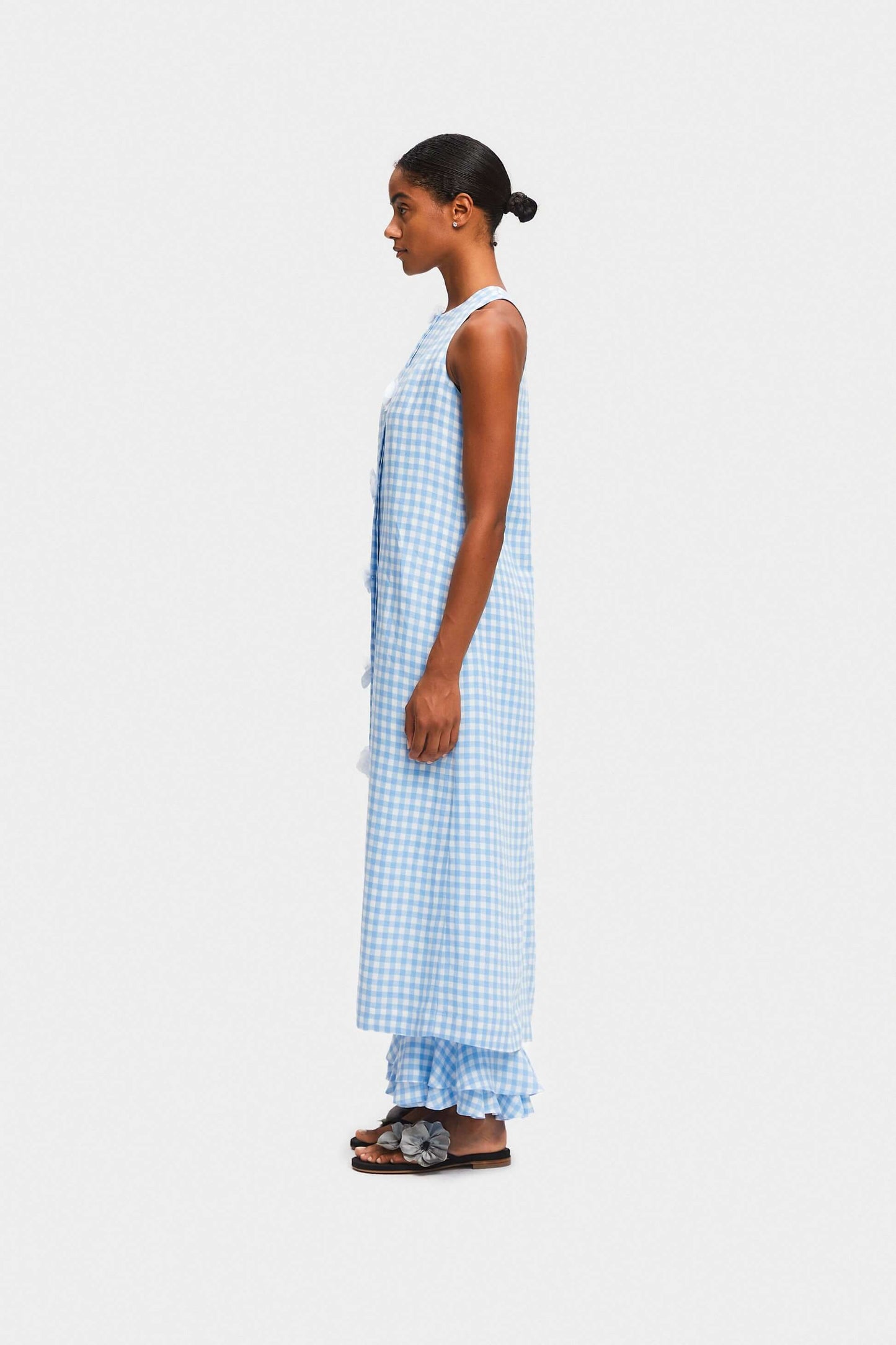 The Bloom Maxi Linen Vest Dress in Blue Vichy