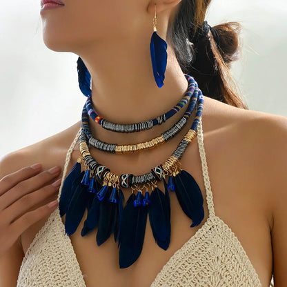 Boho Feather Multi Layer Necklace & Earrings Set