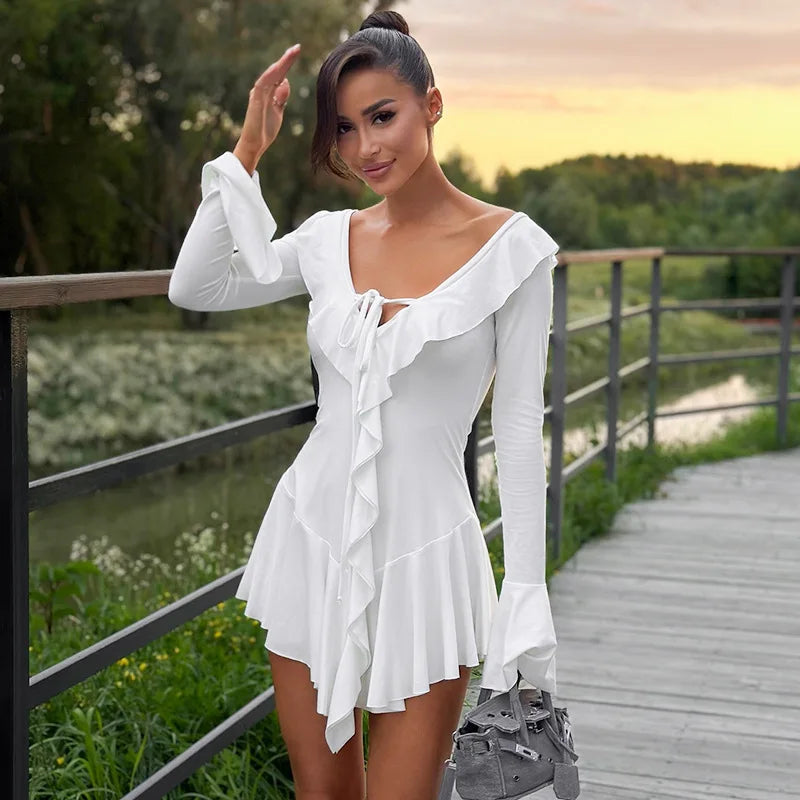 Deep V-Neck And Ruffled Flared Sleeves Mini Dress