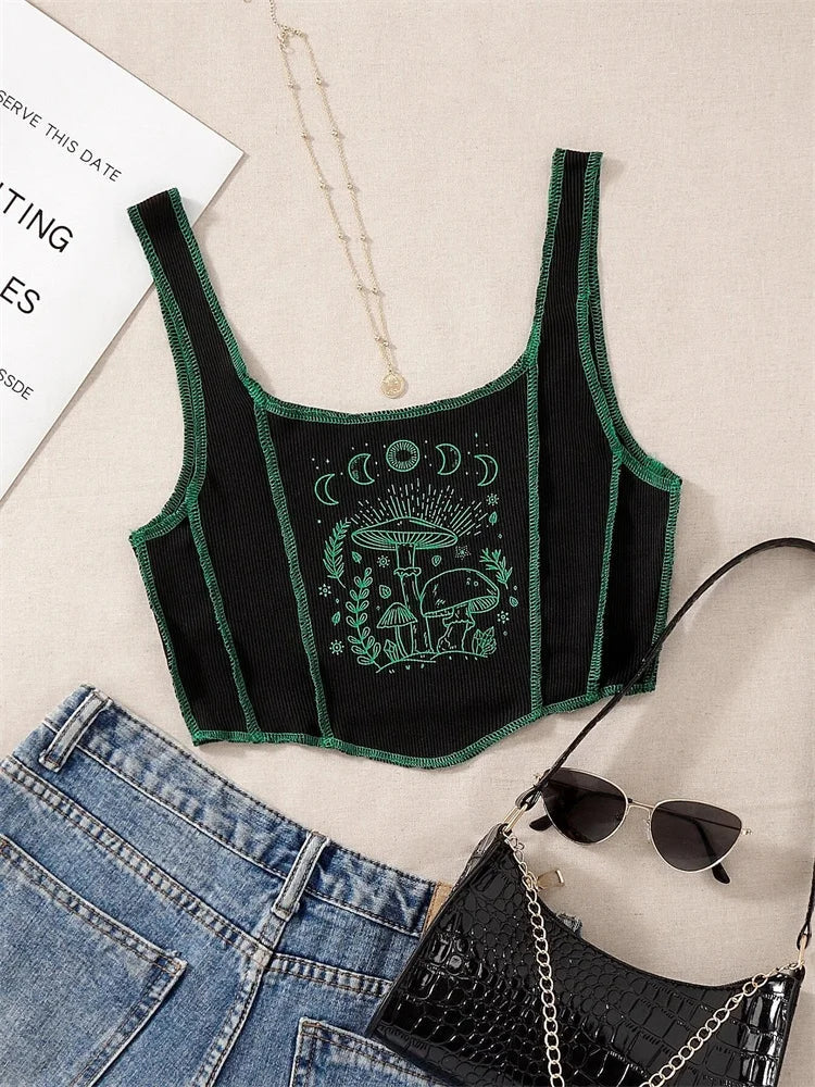 Boho Mushroom Print Cropped Tank Top