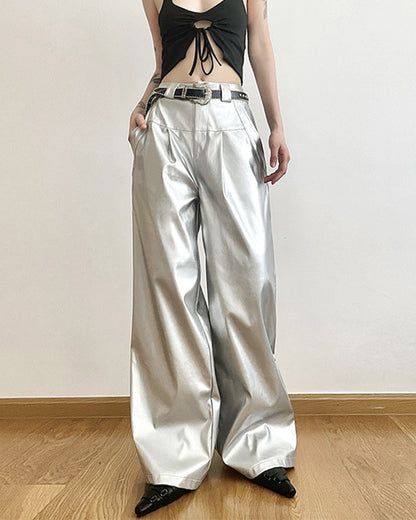 Silver Loose Fashion Casual Straight Wide Leg Leather Pants for Women