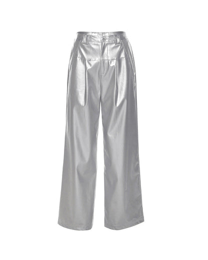 Silver Loose Fashion Casual Straight Wide Leg Leather Pants for Women