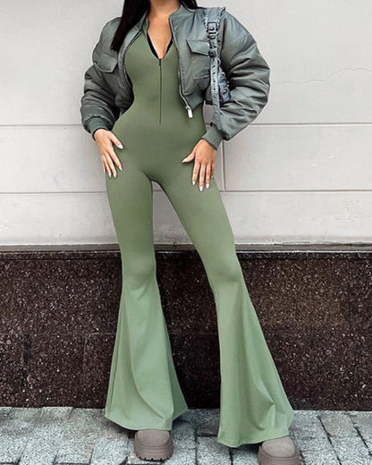 Solid Color Flare Leg Skinny Jumpsuit