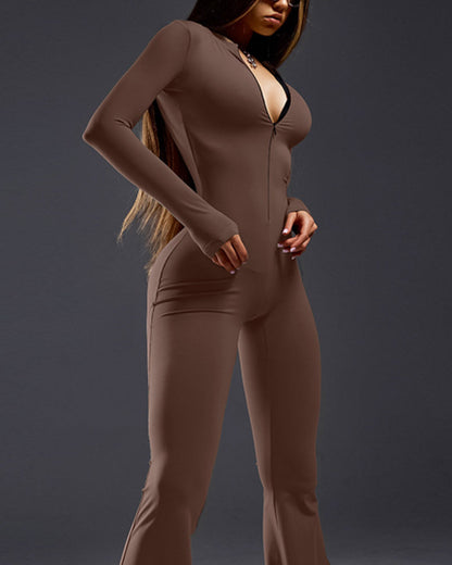 Solid Color Flare Leg Skinny Jumpsuit