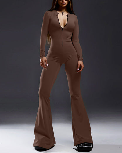 Solid Color Flare Leg Skinny Jumpsuit