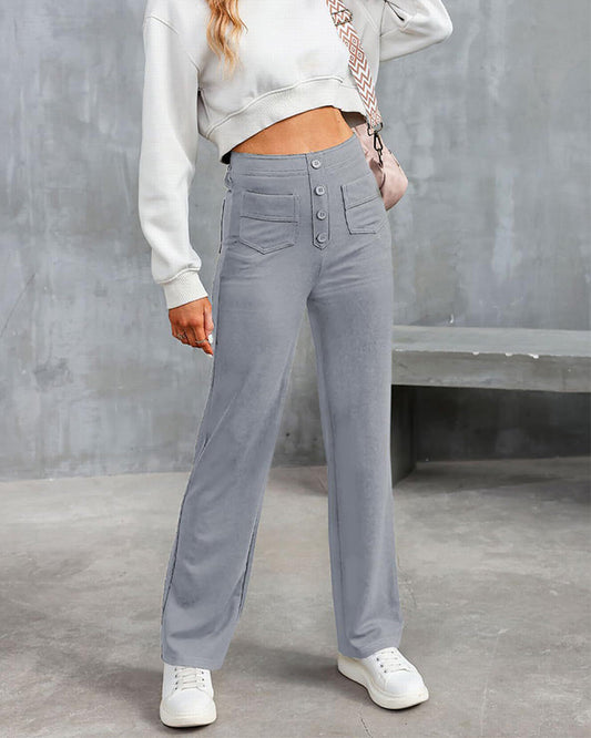 Stretch Straight Pants With High-Waisted 4-buttons