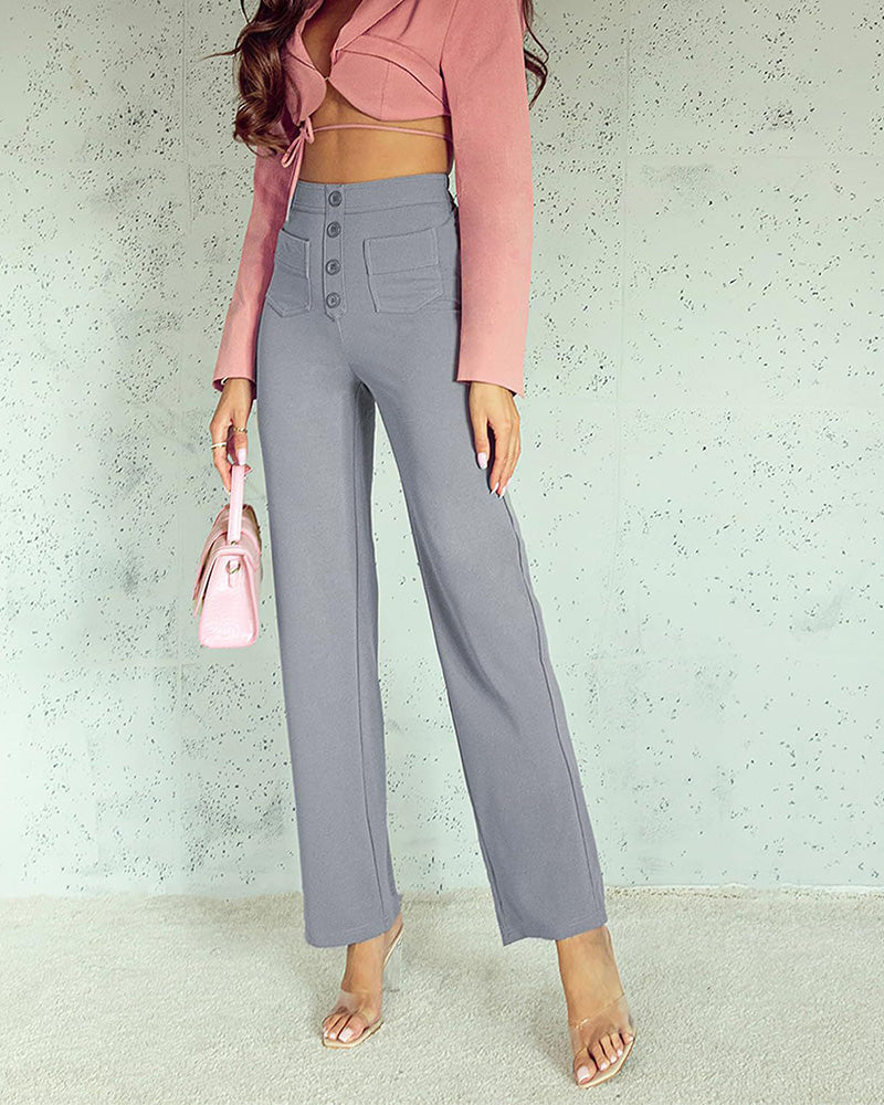 Stretch Straight Pants With High-Waisted 4-buttons