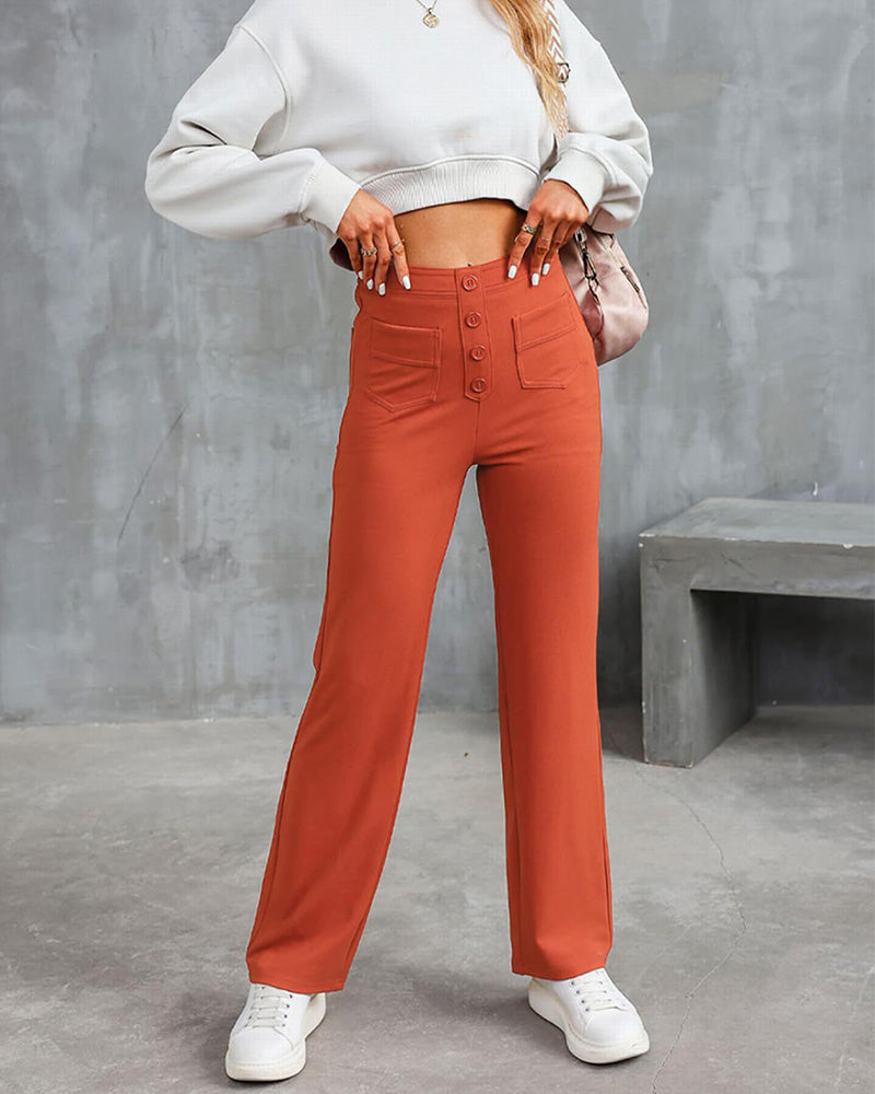 Stretch Straight Pants With High-Waisted 4-buttons