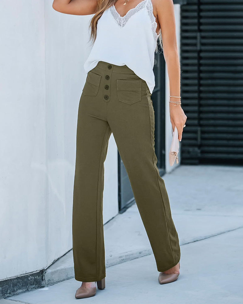 Stretch Straight Pants With High-Waisted 4-buttons