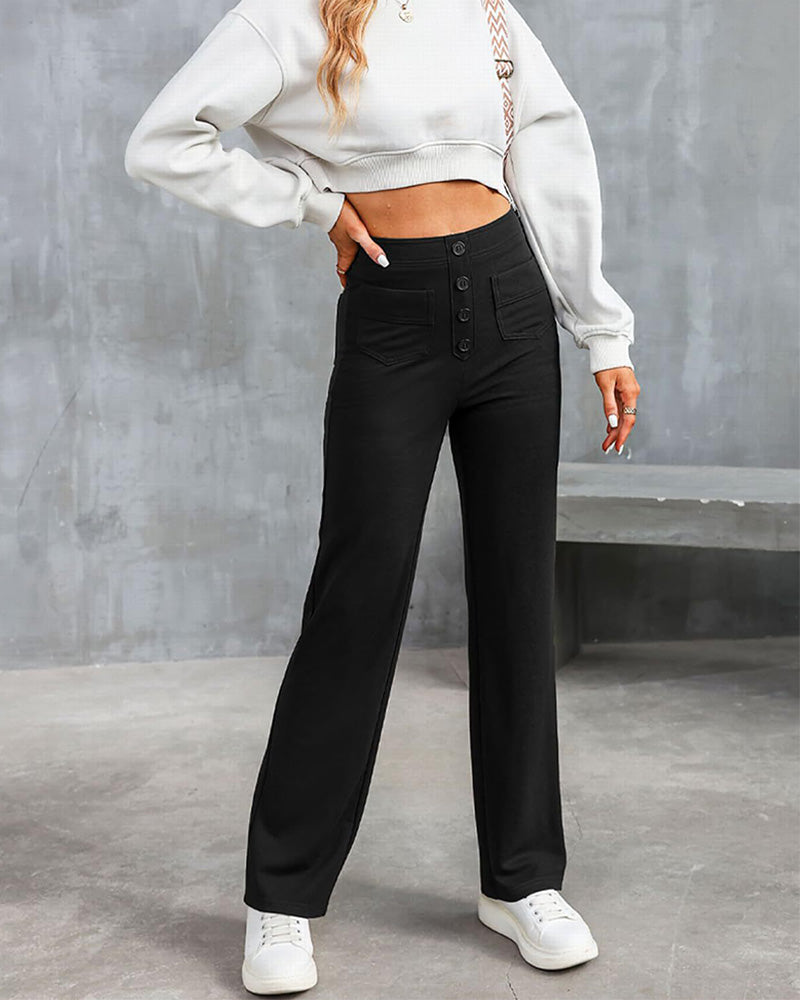 Stretch Straight Pants With High-Waisted 4-buttons