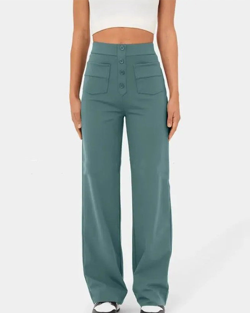 Stretch Straight Pants With High-Waisted 4-buttons