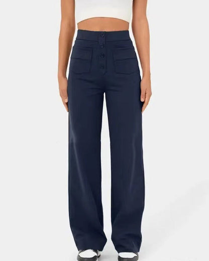 Stretch Straight Pants With High-Waisted 4-buttons