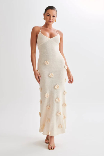 Crochet maxi dress with flowers - nude