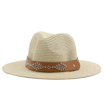 Summer Men Women Khaki Paper Straw Cowboy Hats Large Brim Panama Style Beach Sunscreen Cap Holiday Travel Sunshade Hat Sunhat