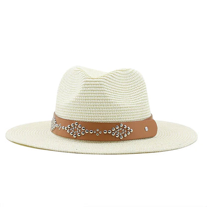 Summer Men Women Khaki Paper Straw Cowboy Hats Large Brim Panama Style Beach Sunscreen Cap Holiday Travel Sunshade Hat Sunhat