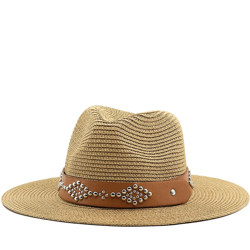 Summer Men Women Khaki Paper Straw Cowboy Hats Large Brim Panama Style Beach Sunscreen Cap Holiday Travel Sunshade Hat Sunhat