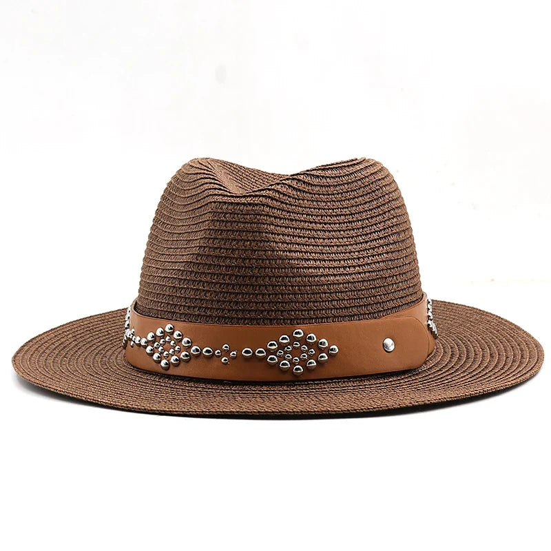 Summer Men Women Khaki Paper Straw Cowboy Hats Large Brim Panama Style Beach Sunscreen Cap Holiday Travel Sunshade Hat Sunhat