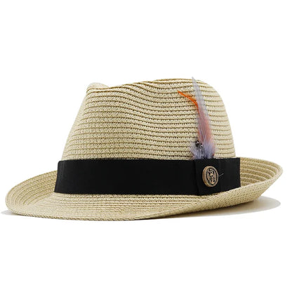 Summer Parent-child Beach Hat Female Casual Panama Jazz Hat Men Brand gentleman 5.5cm brim Feather band Straw cap boys Sun Hat