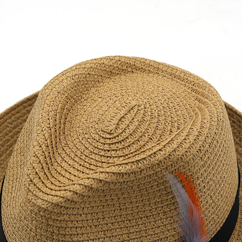 Summer Parent-child Beach Hat Female Casual Panama Jazz Hat Men Brand gentleman 5.5cm brim Feather band Straw cap boys Sun Hat