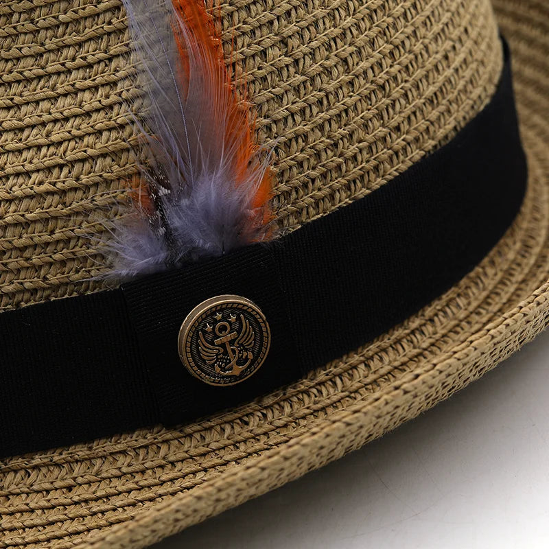 Summer Parent-child Beach Hat Female Casual Panama Jazz Hat Men Brand gentleman 5.5cm brim Feather band Straw cap boys Sun Hat