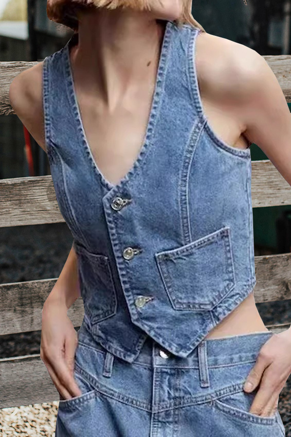 Pocket Denim Vest V-neck Short Denim Vest