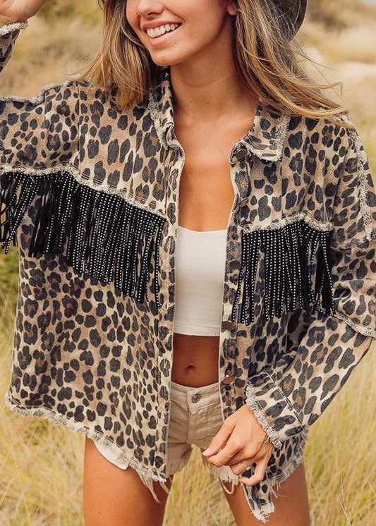 Leopard Printed Open Front Shirt with Fringe Yoke and Frayed Edge Detail