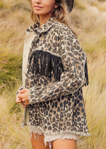 Leopard Printed Open Front Shirt with Fringe Yoke and Frayed Edge Detail