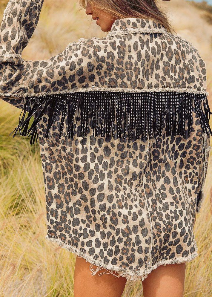 Leopard Printed Open Front Shirt with Fringe Yoke and Frayed Edge Detail