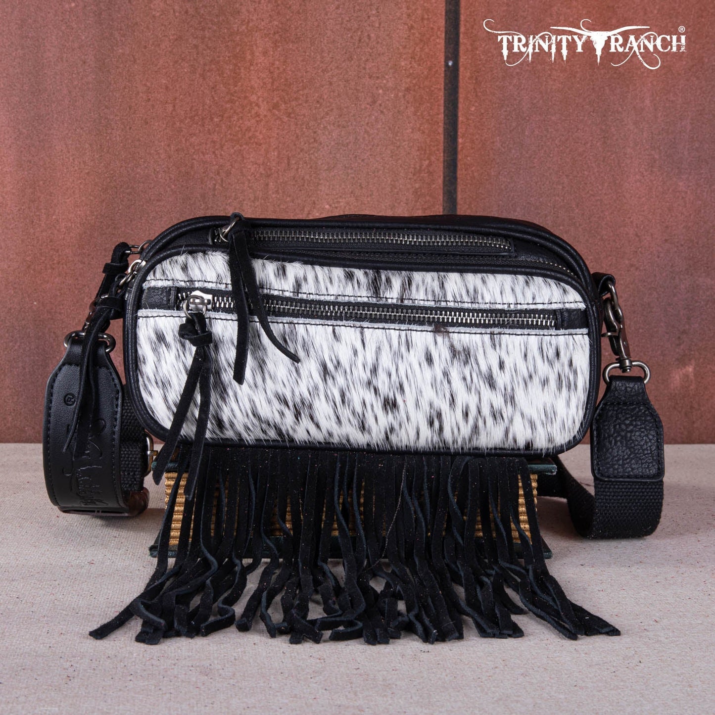 TR165-197  Trinity Ranch Genuine Hair-On Cowhide Triple Zippered Pocket Fringe Belt Bag