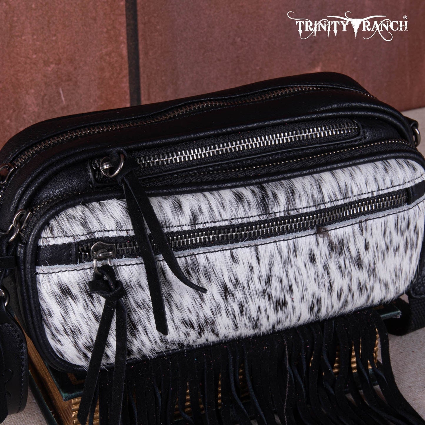 TR165-197  Trinity Ranch Genuine Hair-On Cowhide Triple Zippered Pocket Fringe Belt Bag