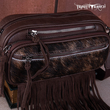 TR165-197  Trinity Ranch Genuine Hair-On Cowhide Triple Zippered Pocket Fringe Belt Bag