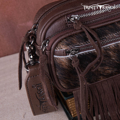 TR165-197  Trinity Ranch Genuine Hair-On Cowhide Triple Zippered Pocket Fringe Belt Bag