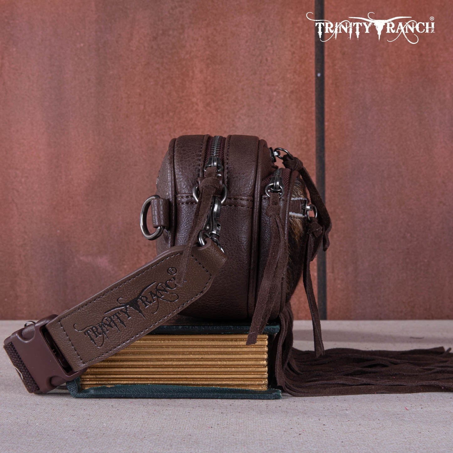 TR165-197  Trinity Ranch Genuine Hair-On Cowhide Triple Zippered Pocket Fringe Belt Bag