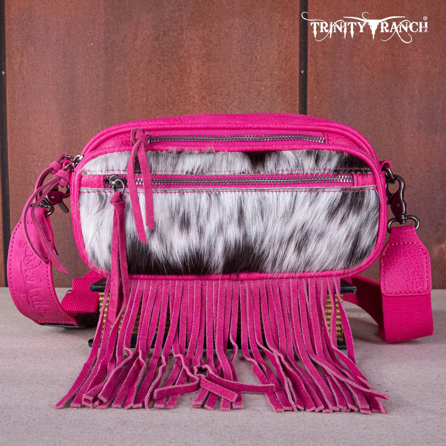 TR165-197  Trinity Ranch Genuine Hair-On Cowhide Triple Zippered Pocket Fringe Belt Bag