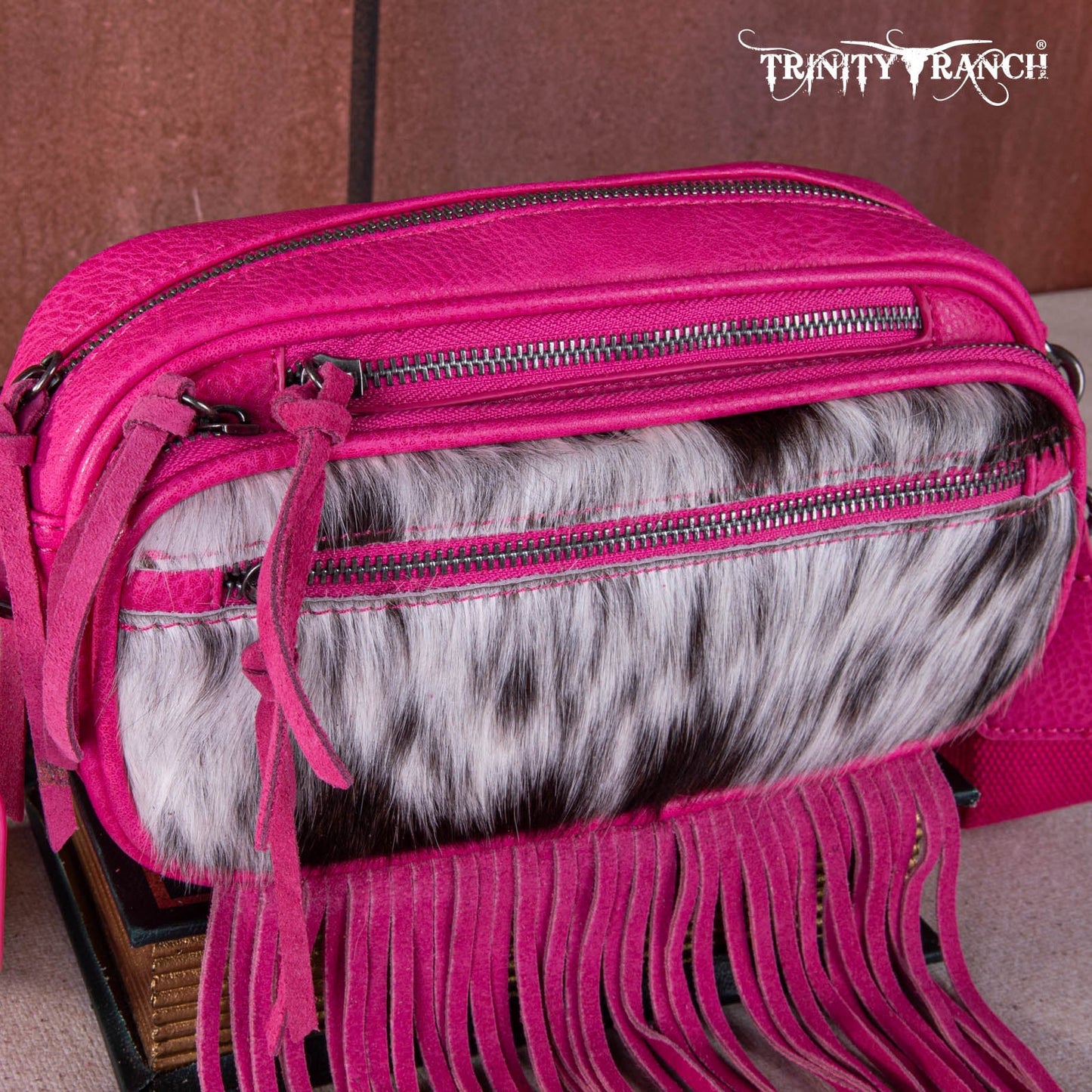 TR165-197  Trinity Ranch Genuine Hair-On Cowhide Triple Zippered Pocket Fringe Belt Bag