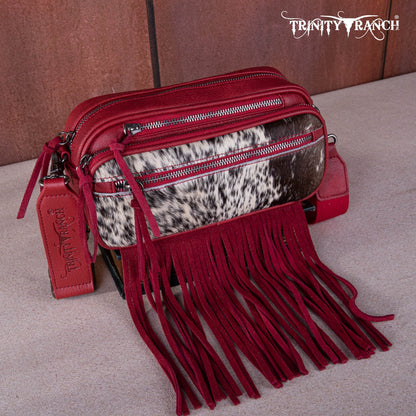 TR165-197  Trinity Ranch Genuine Hair-On Cowhide Triple Zippered Pocket Fringe Belt Bag