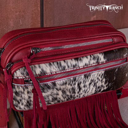 TR165-197  Trinity Ranch Genuine Hair-On Cowhide Triple Zippered Pocket Fringe Belt Bag