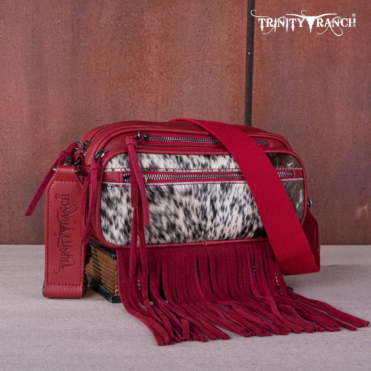 TR165-197  Trinity Ranch Genuine Hair-On Cowhide Triple Zippered Pocket Fringe Belt Bag