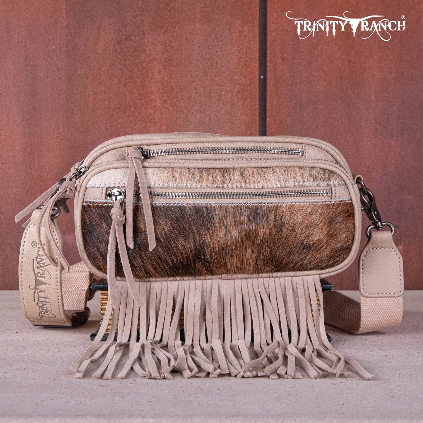 TR165-197  Trinity Ranch Genuine Hair-On Cowhide Triple Zippered Pocket Fringe Belt Bag