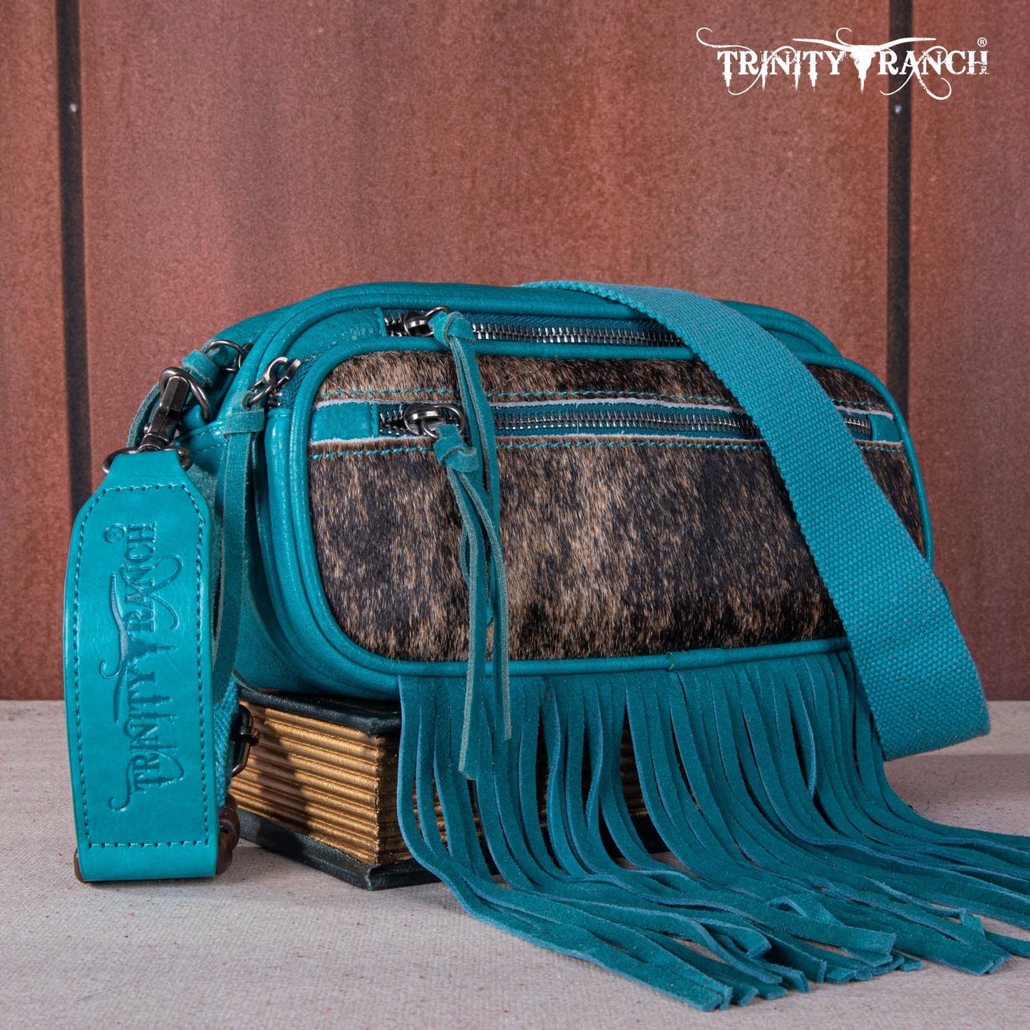 TR165-197  Trinity Ranch Genuine Hair-On Cowhide Triple Zippered Pocket Fringe Belt Bag