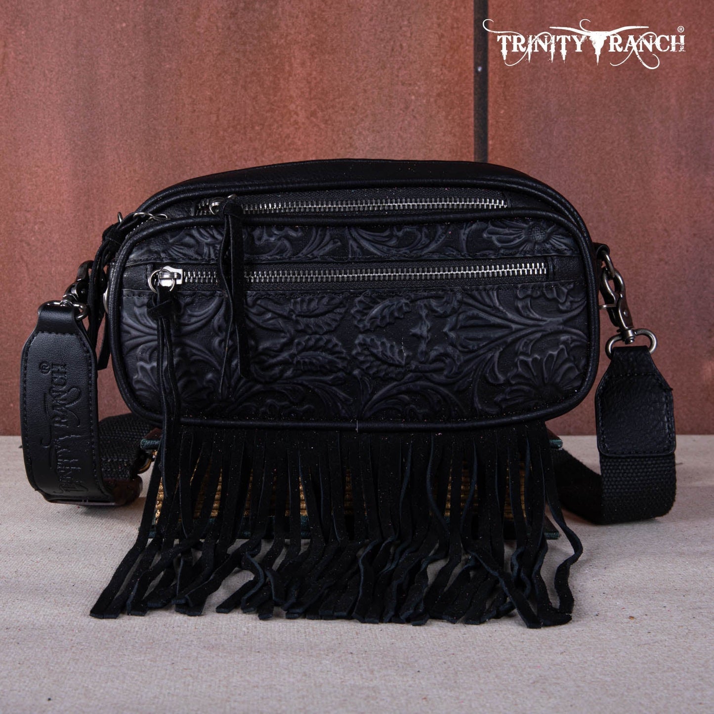 TR165-198  Trinity Ranch Floral Tooled Triple Zippered Pocket Fringe Belt Bag