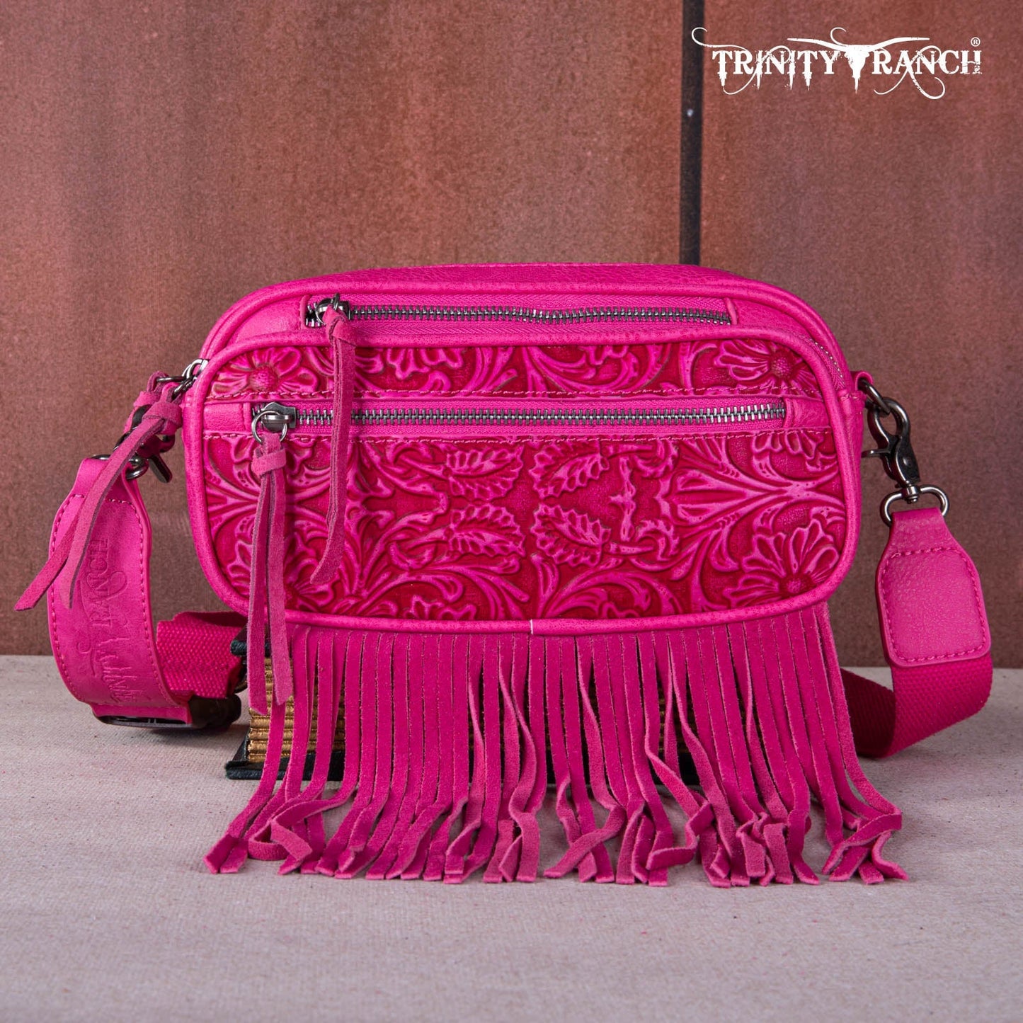 TR165-198  Trinity Ranch Floral Tooled Triple Zippered Pocket Fringe Belt Bag