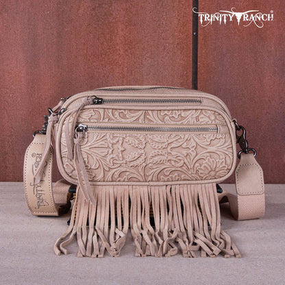 TR165-198  Trinity Ranch Floral Tooled Triple Zippered Pocket Fringe Belt Bag