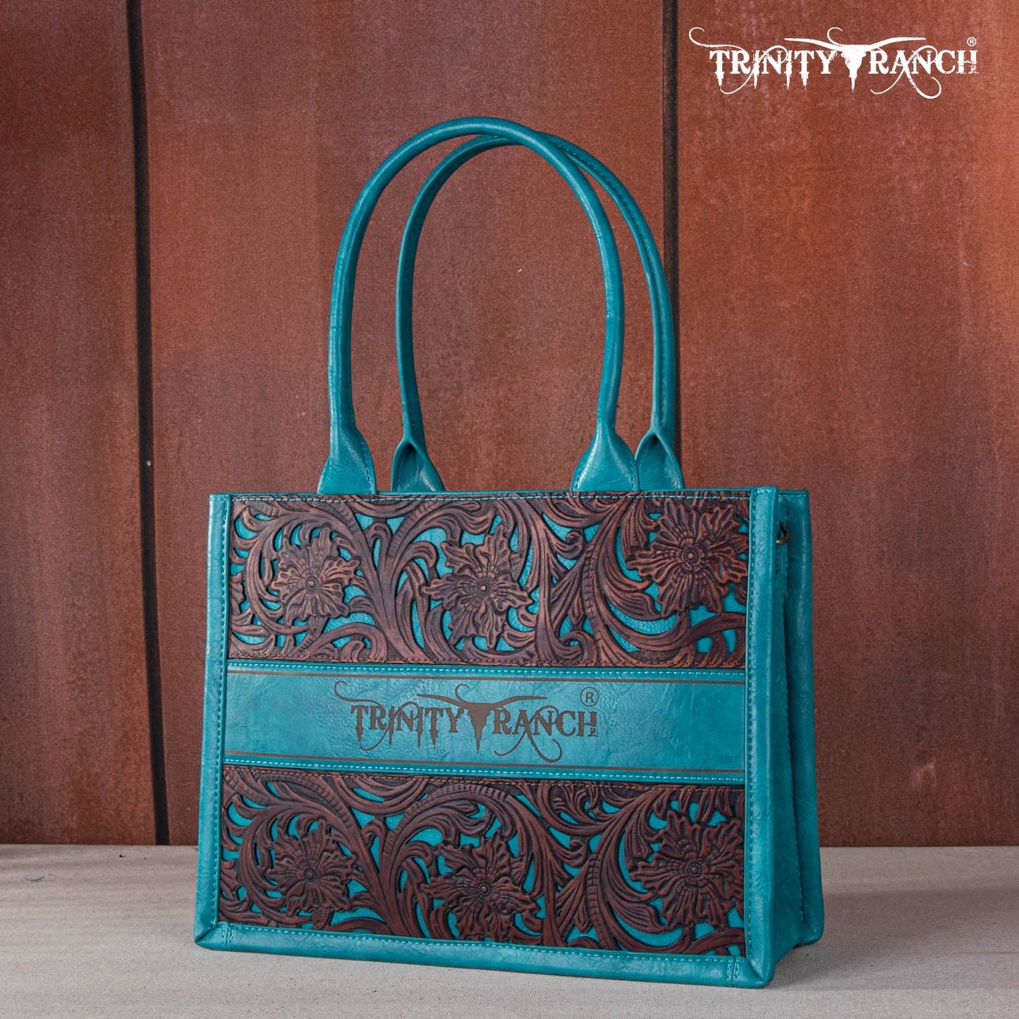 TR169G-8119S   Trinity Ranch Floral Tooled Concealed Carry Tote - Turquoise