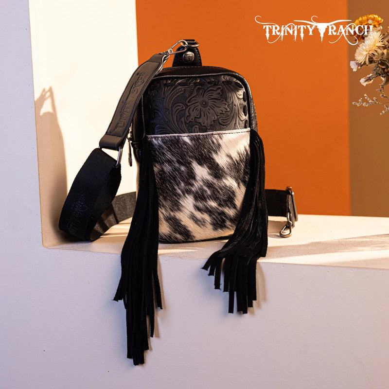 Trinity Ranch Genuine Hair-On Cowhide Tooled Fringe Sling Bag