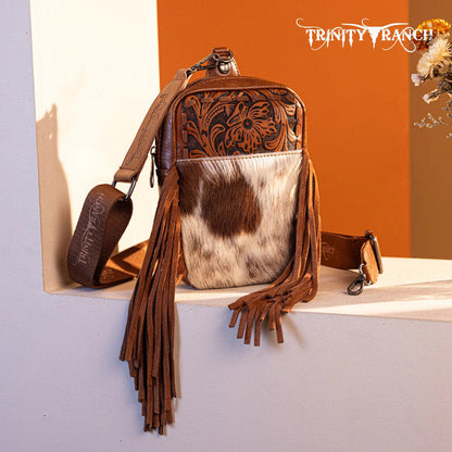 Trinity Ranch Genuine Hair-On Cowhide Tooled Fringe Sling Bag