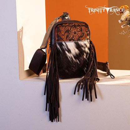 Trinity Ranch Genuine Hair-On Cowhide Tooled Fringe Sling Bag