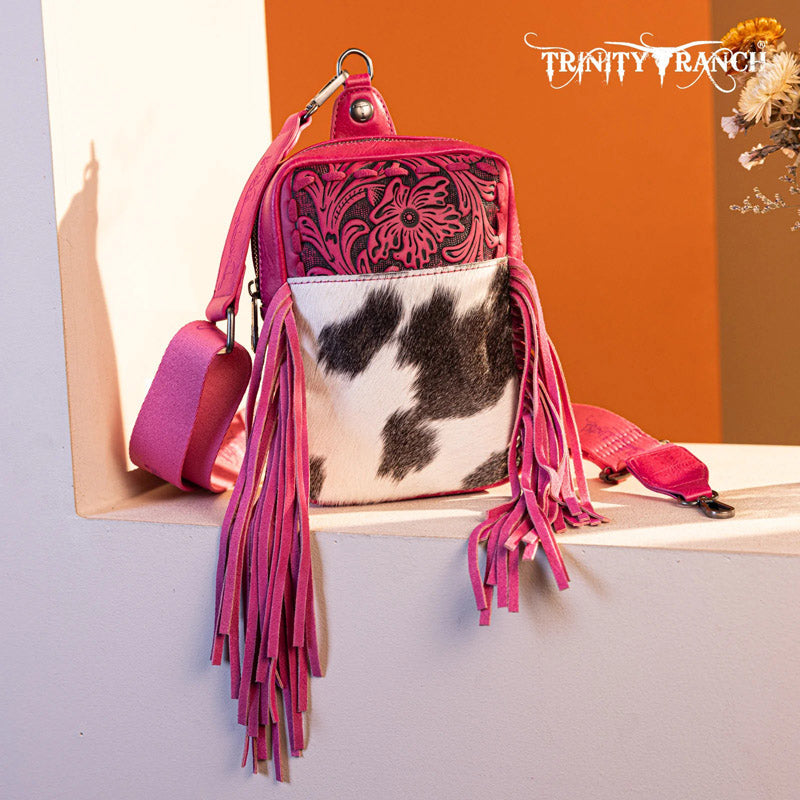 Trinity Ranch Genuine Hair-On Cowhide Tooled Fringe Sling Bag